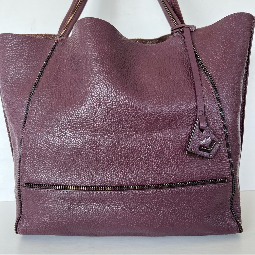 BOTKIER Soho Plum Burgundy Pebbled Leather Zipper Detail Large Shoulder Bag Tote - Picture 2 of 14